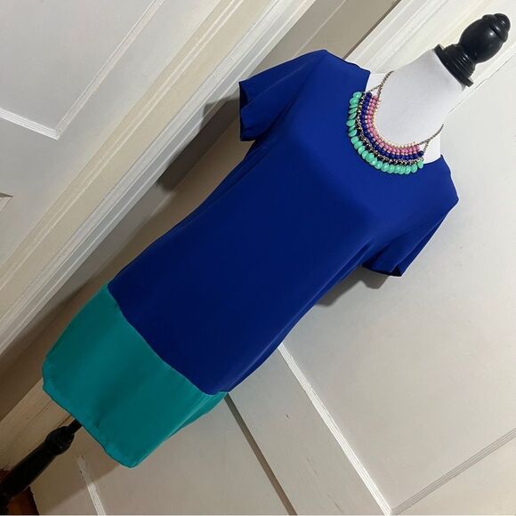 Cynthia Rowely Blue and Teal Color Block Shift Dress Women's Size 8 - Picture 2 of 10